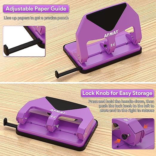 AFMAT Heavy Duty 3 Hole Punch, 50-Sheet Capacity, 50% Reduced Effort Three Hole Puncher for Binder, 10K+ Uses, Large Chip Tray, Adjustable Paper Guide, Office Metal Paper Puncher 3 Ring HP20(Purple)
