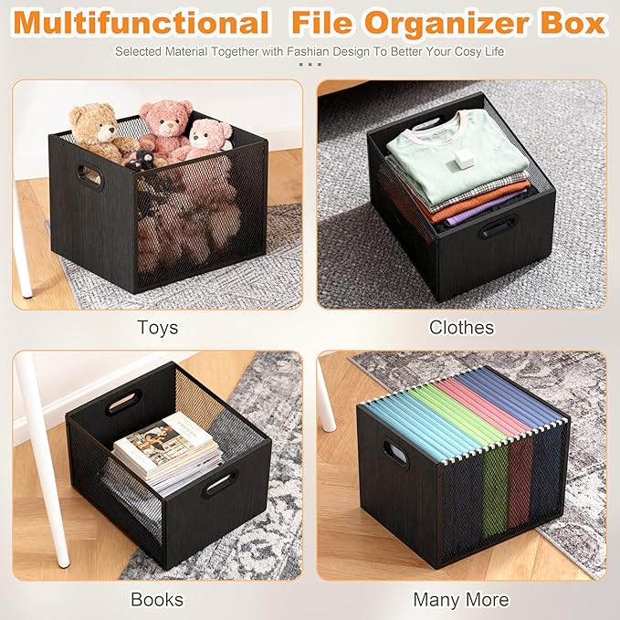 Piskyet Wooden Hanging File Organizer for desk, Metal Mesh File Folder Organizer Crate Cabinet Storage Box with Handle for Home Office Desk,Letter - Size,Black