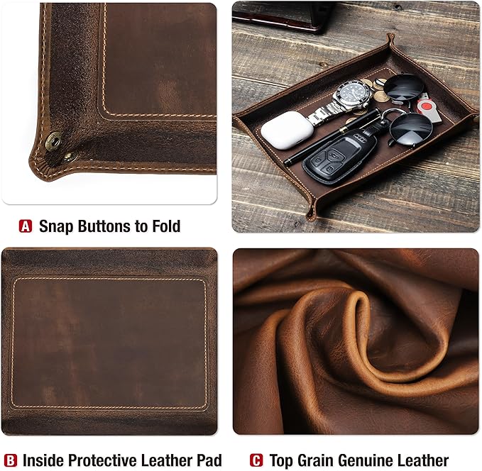 Top Grain Leather Desk Valet Tray Organizer for Man & Woman, Vintage Handmade, Foldable Flat Basket with Snap Buttons, Desk Catchall Holder for Wallet/Watches/Keys/Coins/Office Supplies, Coffee, Large