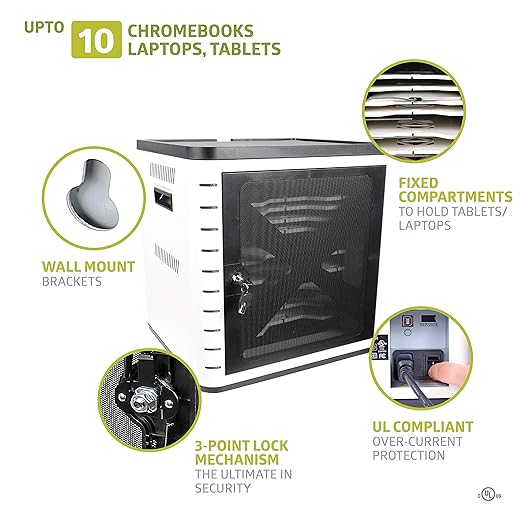 Pearington Fully Assembled 10 Device USB Charging, Syncing and Storage Cabinet for iPads, Chromebooks and Laptops Up to 10.1-inch Screen Size, Surge Protection, Locking Front Door, DT310PS