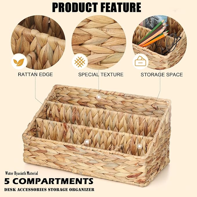 Desk Organizer – Countertop Mail Organizer, Magazine Holder, Boho Decor Water Hyacinth Desk Mail Holder for Home Office, Farmhouse, 12.6" L x 6.7" W x 6.3" H