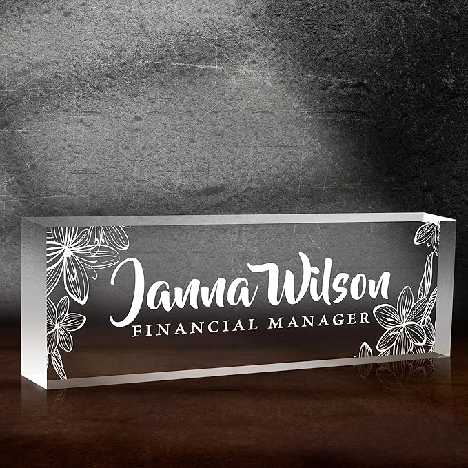 Name Plate for Desk, Premium Clear Plates Engraved Acrylic Desk Name Plate, Desk Name Plate Personalized, Custom Office Decor for Women or Men Coworkers, Boss, Employee, Teacher (Engraved 1)