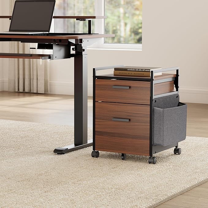 EUREKA ERGONOMIC 2-Drawer Mobile File Cabinet with Wheels, Solid Wood Rolling Storage Cabinet for Home Office, Space-Saving Under Desk Organization with Printer Stand, Walnut