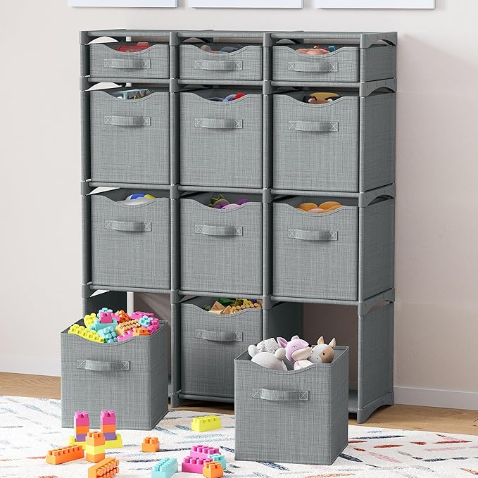 12 Cube Closet Organizers And Storage | Includes All Storage Cube Bins | Easy To Assemble Closet Storage Unit With Drawers | Room Organizer For Clothes, Baby Closet Bedroom, Playroom, Dorm (Grey)