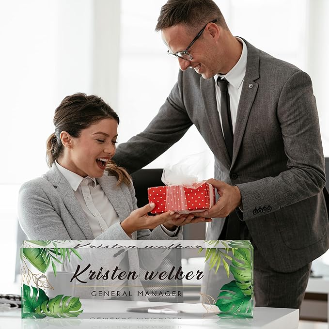 Desk Name Plate Personalized, Custom Name Plates for Desks, Office Desk Decor, Green Leaf Clear Acrylic Glass Block, Personalized Office Gifts for Women Men Boss Teachers Coworkers Appreciation Gifts