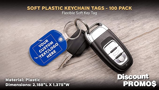 DISCOUNT PROMOS Tag Soft Plastic Keychains - 100 pack - Customizable Text, Logo - Small Key Tag Chain For Staying Organized - Rubber Key Ring Keychain – Blue