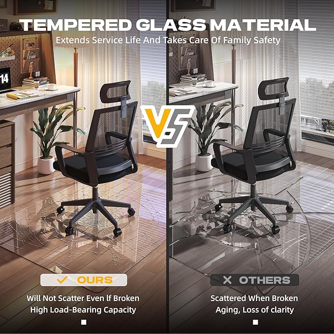 [Tempered Glass] 50“x44” Rounded Glass Chair Mat with Polished Edge Clear Office Chair Mat, Glides Smoothly, Suitable for Carpet or Hardwood Floors