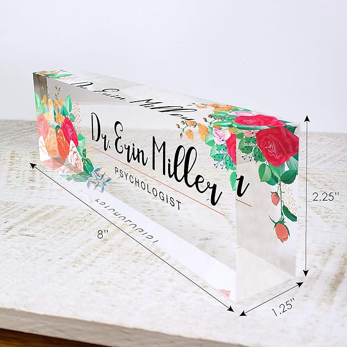 Artblox Office Desk Name Plate Personalized | Custom Name Plates for Desks | Mixed Flowers Design On Clear Acrylic Glass | Office Desk Decor