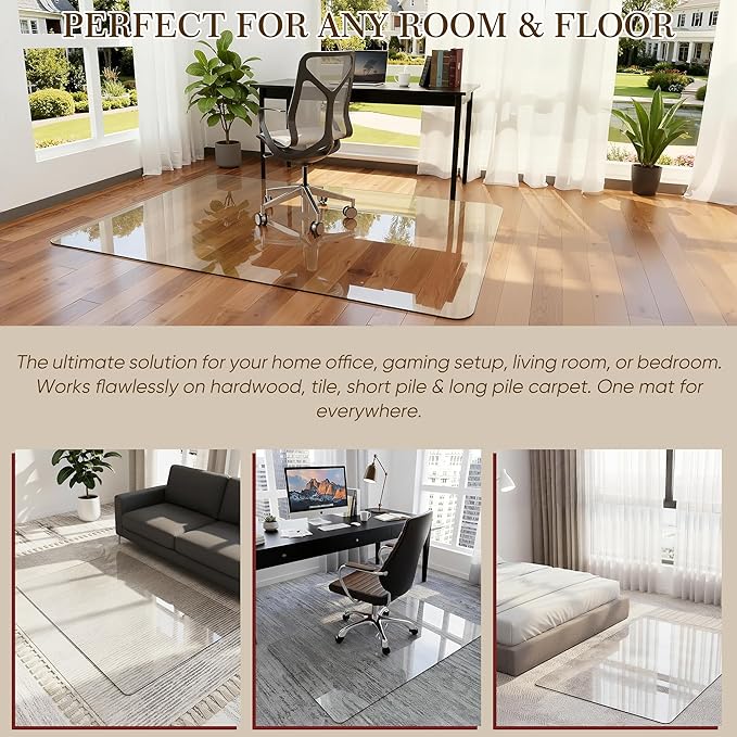 Homsion 32" x 48" Tempered Glass Office Chair Mat for Carpet & Hardwood Floor, 1/6" Thick Clear Floor Protector Desk Chair Mat with Rounded and Polished Edges