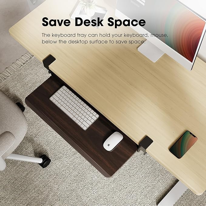 Fenge Keyboard Tray Under Desk, Pull Out Keyboard & Mouse Tray with C Clamp Mount, Sliding Keyboard Holder for Desk, 25.6 x 11.8 inch Large Slide-Out Platform Computer Drawer for Typing, Brown