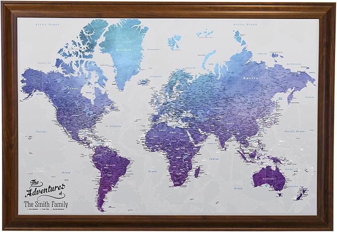 Canvas - Personalized Vibrant Violet World Push Pin Travel Map with Brown Frame