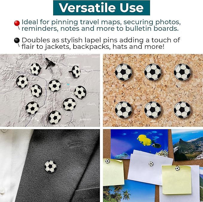 Soccer Ball Push Pins, for Cork Board, Maps, or Lapel Pin Use, Designed in The USA, Soccer Ball Pins, Set of 10