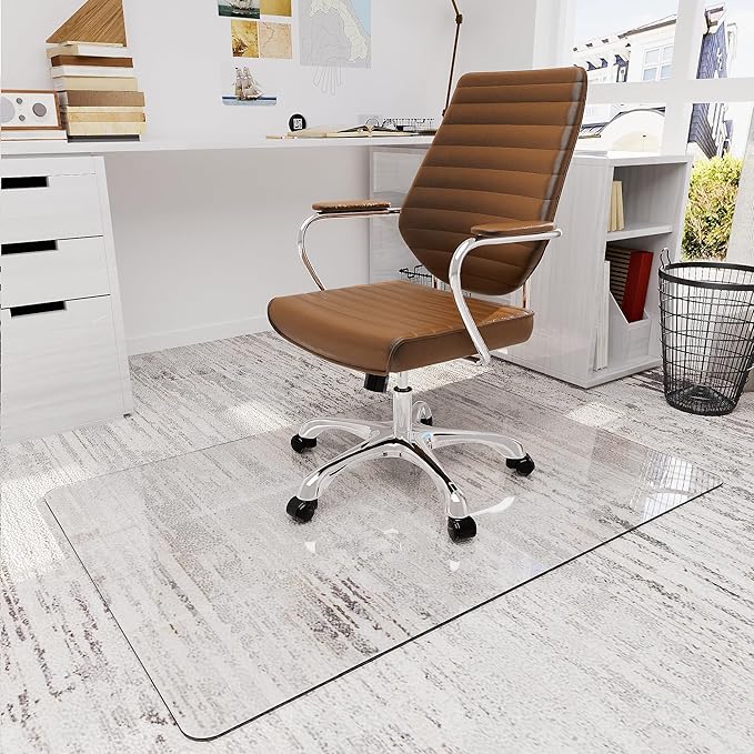 Homsion 32" x 48" Tempered Glass Office Chair Mat for Carpet & Hardwood Floor, 1/6" Thick Clear Floor Protector Desk Chair Mat with Rounded and Polished Edges