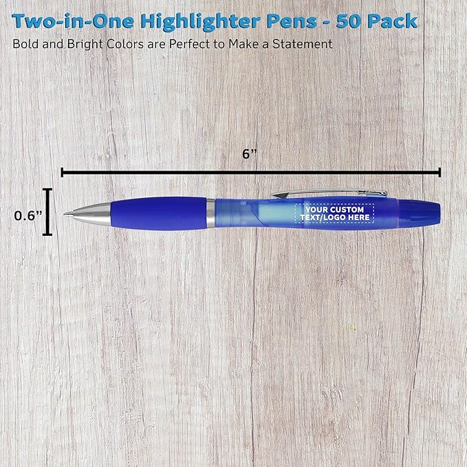 DISCOUNT PROMOS Personalized Two in one Highlighter Pens - 50 pack - Plastic Pens - Customizable Text, Logo - Blue