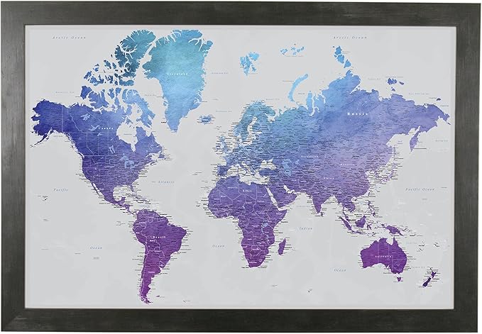 Push Pin Travel Maps - Vibrant Violet Watercolor World - Rustic Black Framed Pin Map for Tracking Your Travels - 27.5" x 39.5" - 8 Handcrafted Frame Options - Made in USA - Ideal for Any Traveler