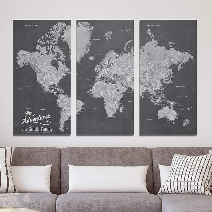 3 Panel - Stormy Dreams World Canvas Travel Wall Map - Personalized Gallery Wrapped