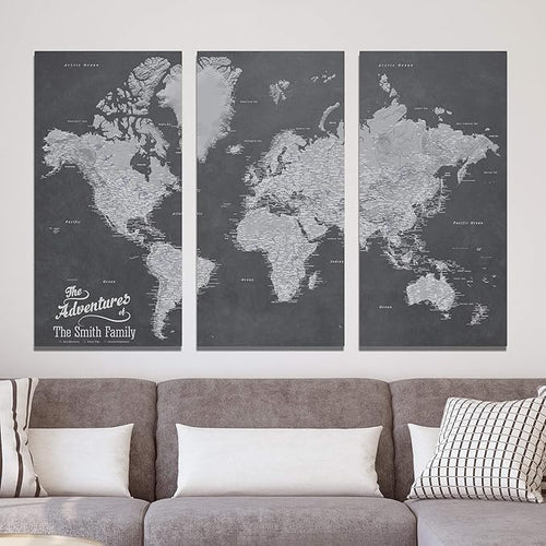 3 Panel - Stormy Dreams World Canvas Travel Wall Map - Personalized Gallery Wrapped