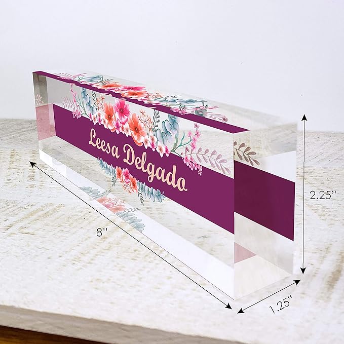 Artblox Office Desk Name Plate Personalized | Custom Name Plates for Desks | Wild Flowers Design On Clear Acrylic Glass | Office Desk Decor - (8" x 2.5")