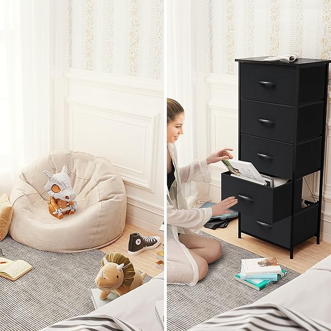 Crestlive Products Vertical Dresser Storage Tower - Sturdy Steel Frame, Wood Top, Easy Pull Fabric Bins - Organizer Unit for Bedroom, Hallway, Entryway, Closets - 5 Drawers(Black)