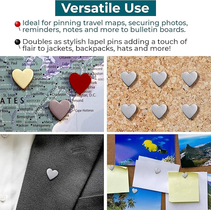 Big Silver Heart Push Pins - Large Silver Metal Heart Map Pins - for Cork Board, Maps, or Lapel Pin Use - Designed in USA - Set of 4