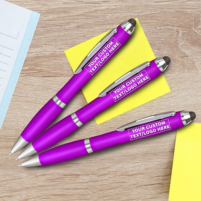 DISCOUNT PROMOS Custom Plastic Stylus Pens Set of 10, Personalized Bulk Pack - Black Ink, Great for Office, School, Business, Tradeshows, Events - Purple