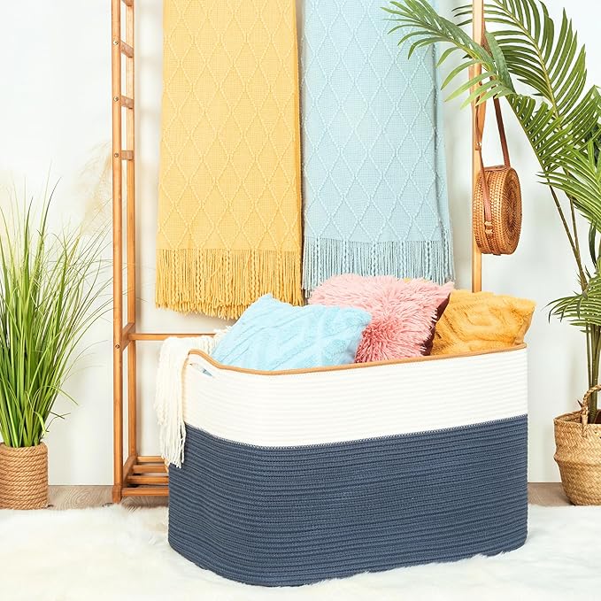 MINTWOOD Design 112L Extra Large Blanket Basket Holder Living Room, 25"x17"x16" Rectangle Rope Woven Storage Basket with Handles for Laundry, Towels, Shoes, Dog Toy Organizer Bin Box, Prussian Blue