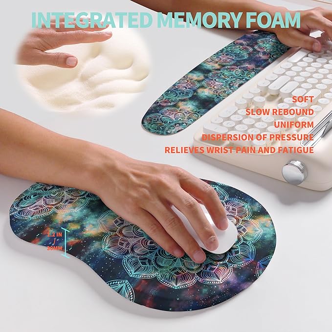 2-in-1 Ergonomic Set, Wave Rise Keyboard Wrist Rest and Massage Bulge Slope Mouse Pad Wrist Support, Cushion Memory Foam Integrated to Relieve Wrist Pain, Galaxy Mandala
