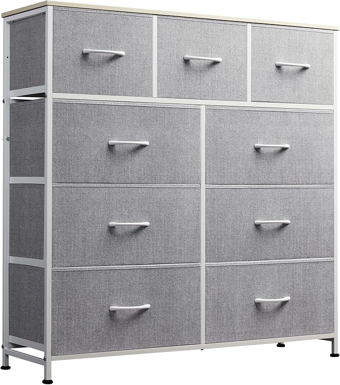 WLIVE 9-Drawer Dresser, Fabric Storage Tower for Bedroom, Hallway, Entryway, Closet, Tall Chest Organizer Unit with Fabric Bins, Steel Frame, Wood Top, Easy Pull Handle, Light Grey