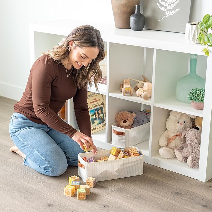 OrganiHaus Narrow Storage Bins 15x06in, Small Closet Bins for Shelves, Bathroom Storage Baskets, Narrow Baskets, Fabric Organizer with Handles, Toilet Paper Organizer - 2 Pack, White w/ Brown Stripes