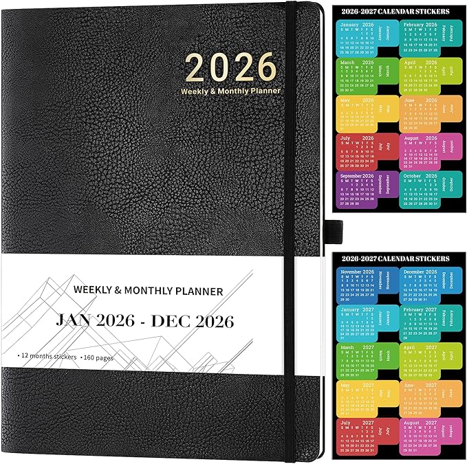 2026 Planner - JAN 2026 - DEC 2026, Planner Weekly and Monthly, Planner 2026, 8.5" x 11", Leather Cover Planners with Thick Paper, Back Pocket with Notes Pages, Black