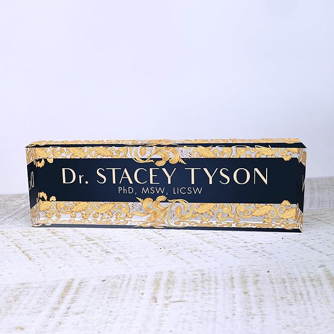 Artblox Office Desk Name Plate Personalized | Custom Name Plates For Desks | Leaf Gold Design On Clear Acrylic Glass | Cute Office Desk Accessories Customized Gifts - (8" x 2.5")