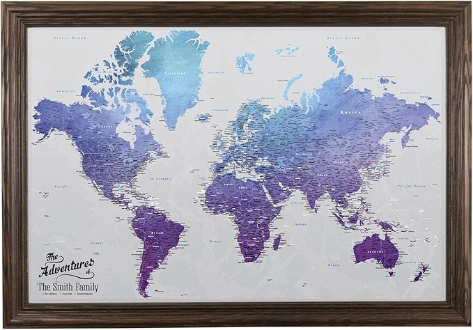 Push Pin Travel Maps Canvas - Personalized Vibrant Violet World with Solid Wood Brown Frame