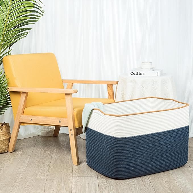 MINTWOOD Design 112L Extra Large Blanket Basket Holder Living Room, 25"x17"x16" Rectangle Rope Woven Storage Basket with Handles for Laundry, Towels, Shoes, Dog Toy Organizer Bin Box, Prussian Blue