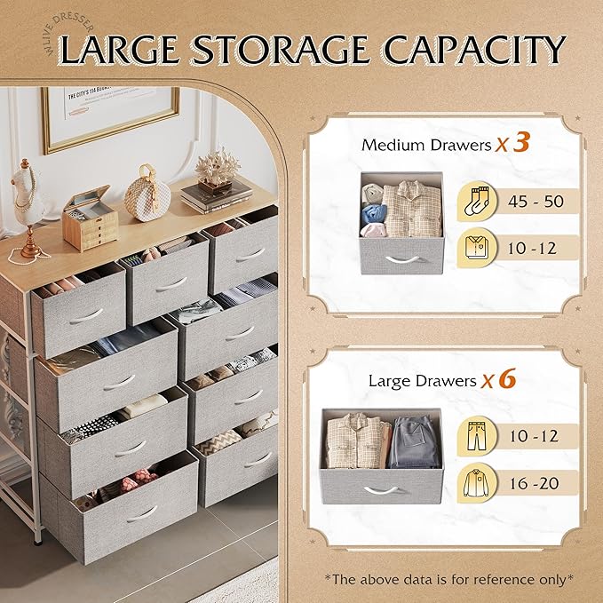 WLIVE 9-Drawer Dresser, Fabric Storage Tower for Bedroom, Hallway, Entryway, Closet, Tall Chest Organizer Unit with Fabric Bins, Steel Frame, Wood Top, Easy Pull Handle, Light Grey