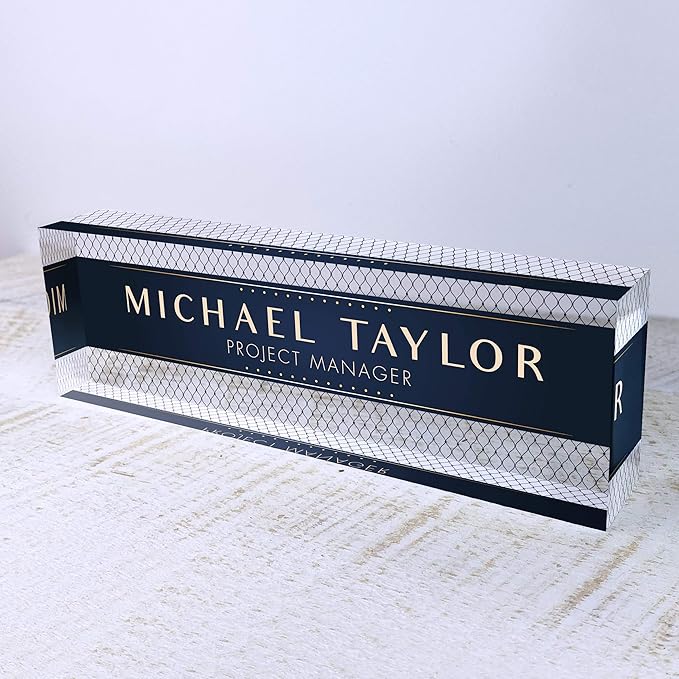 Artblox Office Desk Name Plate Personalized | Custom Name Plates for Desks | Net Shape Design On Clear Acrylic Glass | Office Desk Decor - (8" x 2.5")