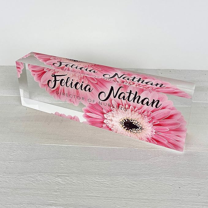 Artblox Office Desk Name Plate Personalized | Custom Name Plates for Desks | Pink Daises Design On Clear Acrylic Glass | Office Desk Decor - (8" x 2.5")