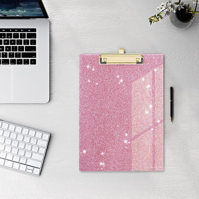Glitter Acrylic Clipboard Decorative Standard A4 Letter Size 12.2" x 8.7", Fashion Bling Clip Boards with Designed Low Profile Gold Clip for Classroom Office - Warm Pink