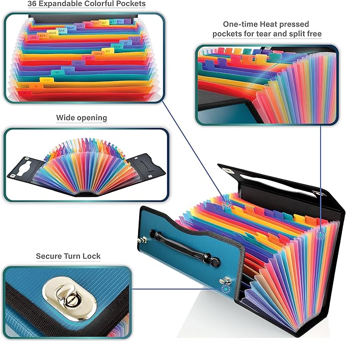 CNK Accordion File Organizer - 36 Pocket Teal Folder with Ergonomic Handle, Double Lock Buckles, Protects Documents, Durable Polypropylene, 8.5 x 11 in
