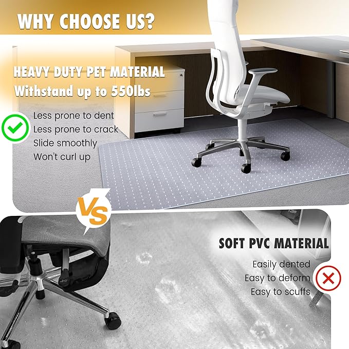 BesWin Office Chair Mat for Carpet, 36" x 48" Heavy Duty Hard Material Computer Chair Mat, Slip Resistant Under Desk Carpeted Floor Protector Mat for Office Chair, Smooth Glide, Ship Flat