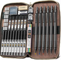 30PCS Black Metal Mechanical Pencil Set in Leather Case, 0.5/0.7/0.9/2.0mm Art Drafting Pencils with 16 Tubes Graphite Leads (6B 4B 2B HB 2H 4H) & Colored Refills for Sketching, Drawing, Writing