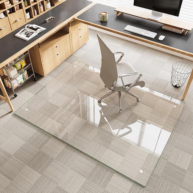 Tempered Glass Chair Mat for Carpet & Hard Floor, 48"x60" Office Chair Mat - Heavy Duty & Scratch Resistant, Non-Slip Pads, Rounded Corners & Polished Edges