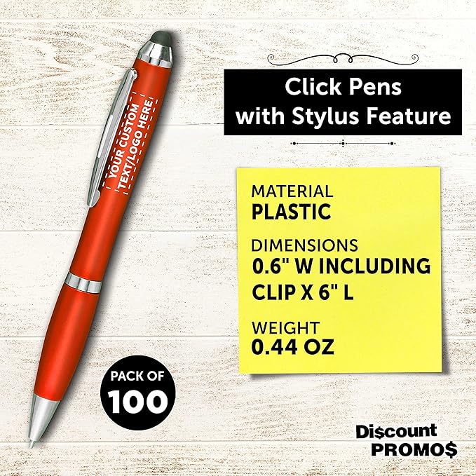 DISCOUNT PROMOS Custom Plastic Stylus Pens Set of 100, Personalized Bulk Pack - Black Ink, Great for Office, School, Business, Tradeshows, Events - Orange