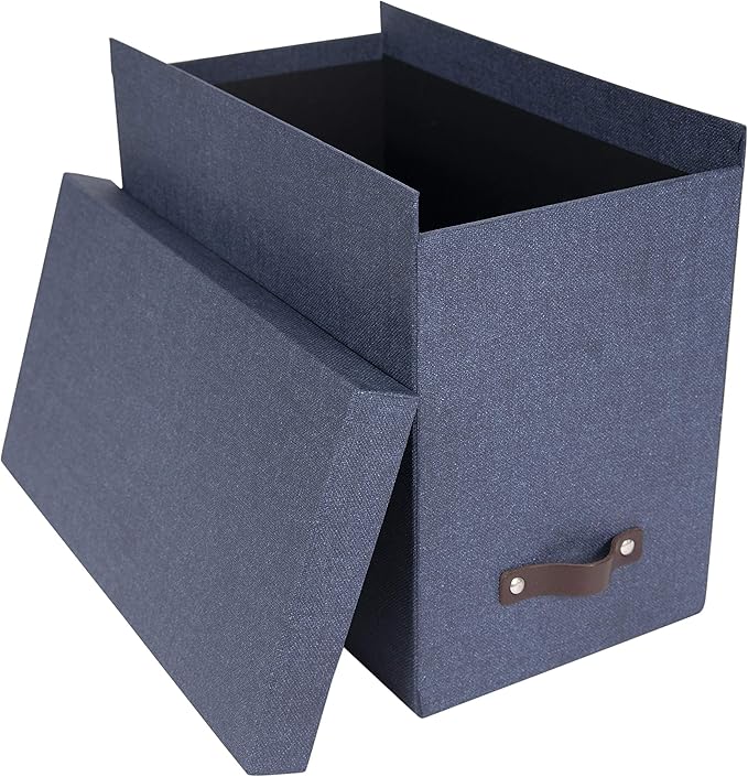 Bigso John Desktop File Box - File Storage Box and Document Organizer for Important Paperwork - Durable Hanging File Box with a Lid and Leather Handle - 7.36 in x 13.26 in x 10.51 in - Blue