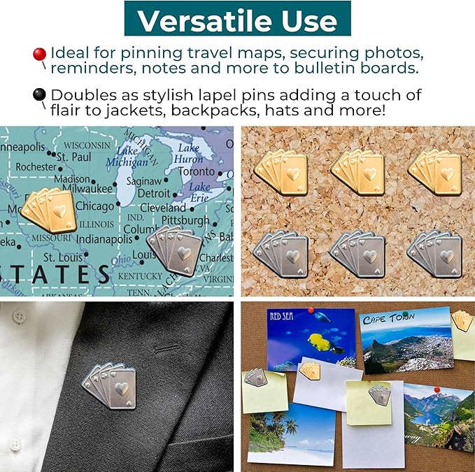 Playing Cards Push Pins - Silver Deck of Cards Map Pins for Cork Boards, Maps, or Lapel Use - Designed in USA - Set of 4