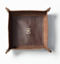 American Made Premium Leather Valet Tray, Folds Flat! Dice Rolling Basket and Organizer with Brass Rivets (Dark Walnut Brown, Medium)