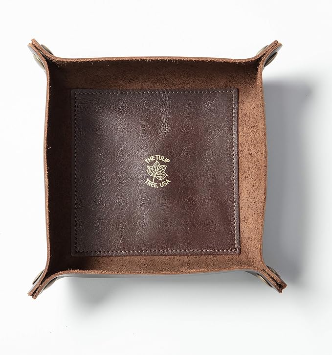 American Made Premium Leather Valet Tray, Folds Flat! Dice Rolling Basket and Organizer with Brass Rivets (Dark Walnut Brown, Medium)