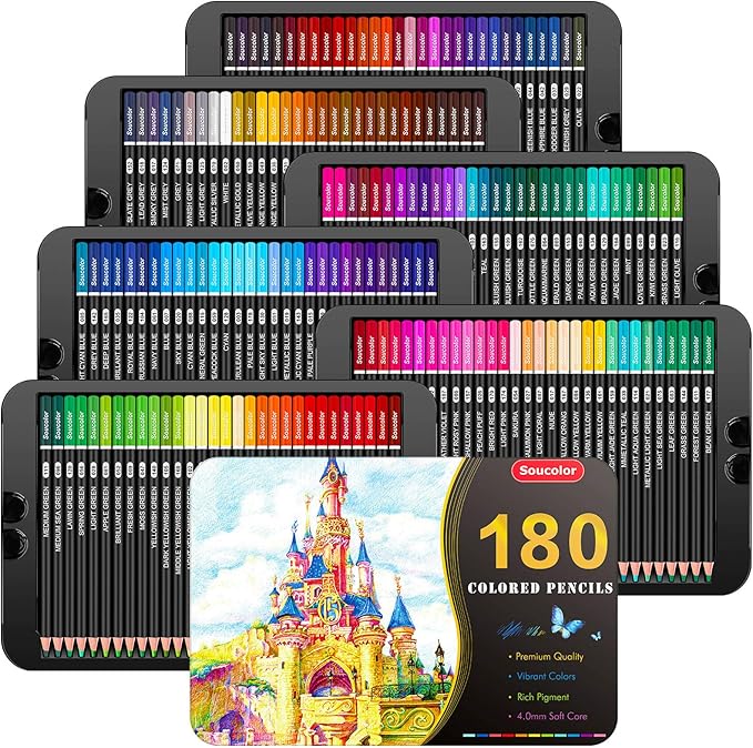 Soucolor 180-Color Artist Colored Pencils Set for Adult Coloring Books, Soft Core, Professional Numbered Art Drawing Pencils with Gift Tin Box for Sketching Shading Blending Crafting
