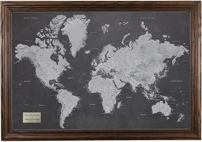Personalized Stormy Dreams World Travel Map with Solid Wood Brown Frame