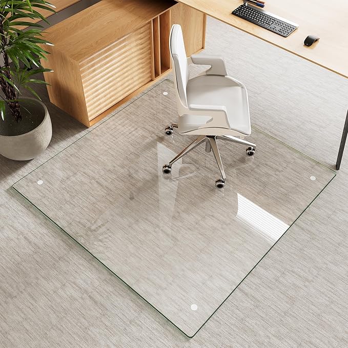 Tempered Glass Chair Mat for Carpet & Hard Floor, 46"x46" Office Chair Mat - Heavy Duty & Scratch Resistant, Non-Slip Pads, Rounded Corners & Polished Edges