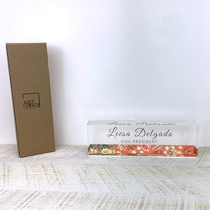 Artblox Office Desk Name Plate Personalized | Custom Name Plates for Desks | Flower Stripe Design On Clear Acrylic Glass | Office Desk Decor - (8" x 2.5")